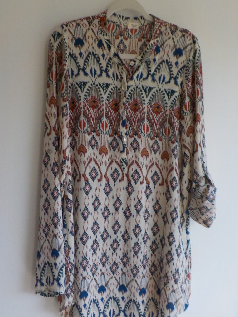 About a Girl Blouse Tunic  - Medium - Long Sleeve Boho White-Green-Brown (836)